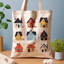 1pc Cartoon House Illustration Canvas Tote Bag - 13.8x15.8 Reusable Grocery Bag, Durable Polyester Canvas With Leak-Proof Design, Colorful Whimsical Houses Pattern Daily Commute, School, Shopping - House Lovers (Mother's Day, Graduation, Easter), Everyday Carryall, Sturdy Construction, Students And Commuters