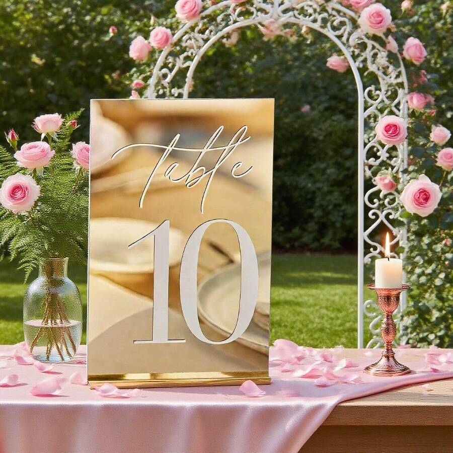 Wedding Table Number C Position! Gold/Silver Mirror Acrylic Material With Stand, Numbered 1-40 Available, Helps Guests Quickly Find Seats, Witness The Romance And Thoughtfulness Of The Wedding With Exquisite Table Numbers, Luxurious Feel, Serves As Seating Guide And Adds Upscale Ambiance To The Wedding Venue - Multicolor - View 1