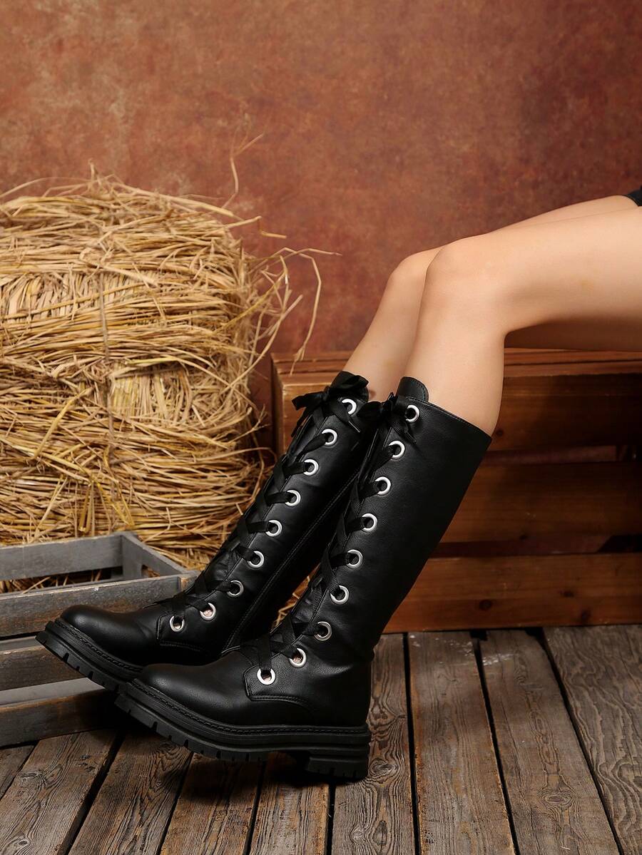 بوت ركوب للنساء بطراز بانك، سميكة الأربطة والسحاب الجانبي، موضة جديدة لخريف/شتاء