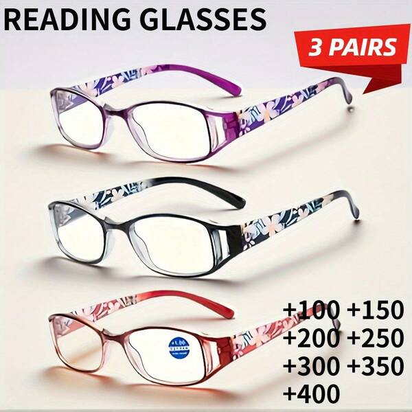 3 pares de gafas de lectura para mujeres, con aumento de +1.00 a +4.00 - Multifocales con receta, con marcos de diseño elegante en formas redonda/corazón/floral, diseño plegable y portátil, adecuadas para personas mayores y amantes de los libros - Ideales para uso en el hogar y la computadora