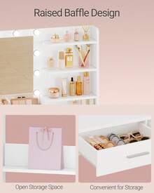 HEXCELEN 90cm Dressing Table With Mirror, Dressing Table With LED, 3 Brightness Levels, 2 Drawers, 4 Open Shelves And 2 Compartments, Dressing Tables, Modern, White - Phích cắm loại C của EU (220-240V) - Xem 4