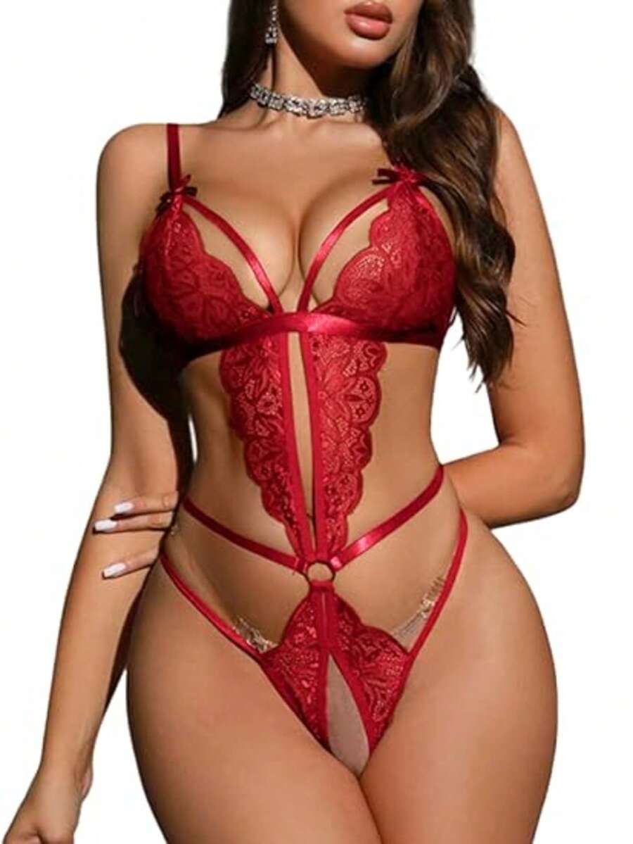 性感开裆内衣女式性感连体深 V 蕾丝紧身衣镂空泰迪娃娃睡衣 - 酒紅色 - 查看 1