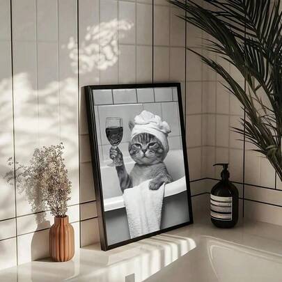 1PC, Cute Bathroom Kitten Wall Arts, Cat Drinking Red Wine In The Bathtub, Black And White Simple Style Funny Animal Posters, Bathroom Decor, Kitten Wearing A Shower Cap, Black And White Animal Pattern Suitable For Bathroom Decor, Toilet Decoration - Unframed