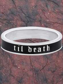 1 pieza Anillo de banda de esmalte negro de 4 mm de ancho "Hasta la muerte" para mujeres y hombres, anillo de alianza de boda y compromiso de aleación de cobre, anillo apilable, regalo de aniversario, cumpleaños y Día de San Valentín