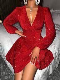 AIJ Robe en velours à col V profond sexy, détail pailleté et manches lanternes torsadées à l'avant, parfaite pour les fêtes