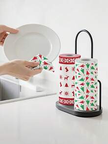 Christmas Kitchen Paper Rolls - Thickened 3-Ply Disposable Cleaning Cloths, Dual-Use Wet & Dry Washable Oil-Free Rags For Home Use, Random Styles, Household Cleaning Tools, Perfect Holiday Gift - Multicolor - View 5