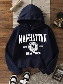 Women's Casual Ins-Style Blue Letter Print Sweatshirt, Fashionable & Versatile, Autumn/Winter - Navy Blue - View 2