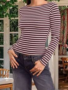 Womens Long Sleeve Crew Neck Striped Shirt Casual Cute Color Block Knit Tops  Fall Fitted Basic Outfits - Blue - View 6