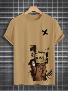 Men's Round Neck Short Sleeve Printed Streetwear T-Shirt - Summer  Fashion Doll Graffiti Casual Street Short Sleeve T-Shirt For Friends And Family, Casual For Spring And Summer - Màu Khaki - Xem 3