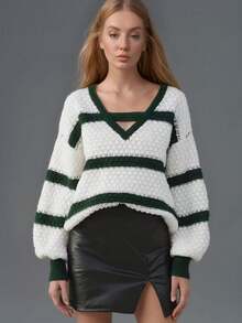 Women's Striped Pullover Sweater Cut Out V-Neck Crochet Knit Sweater Oversized Color Block Bell Sleeve Ribbed Top - Black - View 3