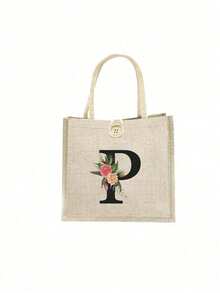 1 Stück Leinen Blumen Buchstaben Handtasche, einfache Handtasche mit großer Kapazität, tragbare lässige Aufbewahrungstasche, multifunktionale Einkaufstasche, personalisiertes Geschenktasche, geeignet für Hochzeiten, Geburtstage, Strände, Festivals, perfekte Geschenke für Frauen, Lehrer, Freunde, Brautjungfern, große Taschen, Studenten und Schulanfang, beste Lehrergeschenke für den Lehrertag, beste Geschenke zur Wertschätzung von Lehrern