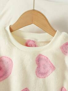 两件套女童毛绒睡衣套装，可爱毛茸茸心形图案圆领长袖上衣和长裤，休闲家居服，秋冬 - 粉色 - 查看 2