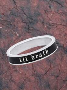 1 pieza Anillo de banda de esmalte negro de 4 mm de ancho "Hasta la muerte" para mujeres y hombres, anillo de alianza de boda y compromiso de aleación de cobre, anillo apilable, regalo de aniversario, cumpleaños y Día de San Valentín