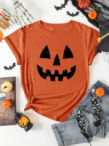Camiseta informal manga corta estampado Halloween día de muertos  calabaza cara, para toda temporada, de largo regular - Naranja - Ver 3