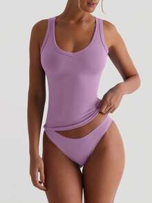 XLLAIS 夏季性感女式纯色V领背心弹力运动健身基本款背心 - 淺紫色 - 查看 6