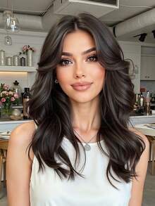 22 Inch Long Curly Wig With Bangs, Black Wavy Synthetic Hair Wig For Women, Suitable For Daily Wear And Parties - Black Brown - View 1