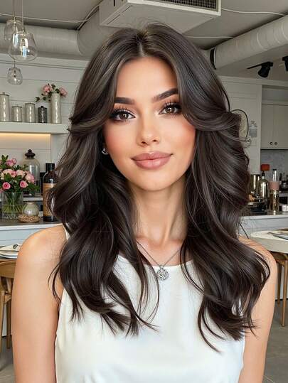 22英寸长卷发假发，带刘海，黑色波浪形合成假发，适合女性日常佩戴和派对场合