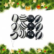 12pcs/Set 2.4 Inch Christmas Balls Ornaments, Shiny Plastic Hanging Decorations, Elf Balls, Swirl Candy Canes, Peppermint Christmas Tree Ornaments, Suitable For Christmas Tree Decoration (Black & White) Home Decor Christmas Decorations Room Decor Christmas Decorations Home Christmas Gifts Christmas Decor - Black and White Set 12 - View 3