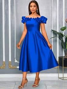 Đầm chữ A dài ngang gối màu xanh hoàng gia bằng satin, trễ vai, cổ bèo nhún của AOMEI dành cho nữ, thích hợp cho khách dự đám cưới mùa xuân và các bữa tiệc cocktail. - Màu xanh lam - Xem 2