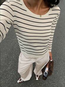 Suéter de punto acanalado de manga larga a rayas clásico para mujer, de longitud regular, tacto suave, forro térmico, cálido, de una sola pieza con tejido de punto a contraste acanalado, adecuado para uso diario, casual, viajes, aeropuerto, oficina, otoño/invierno