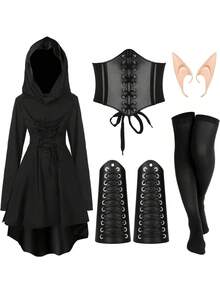 Halloween Women's Renaissance Fairy Costume Set, Medieval Hooded Dress With Accessories, Get Ears As A Gift Black Cape - Renaissance 5-piece Set - View 19