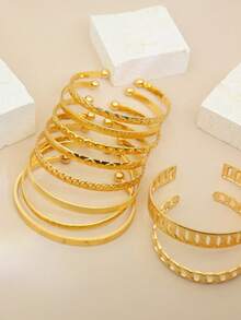 7pcs/9pcs/10pcs/14pcs Fashion Star & Heart Pattern Open Bangle Bracelet Set For Women, Geometric Multi-Element Design, Suitable For Daily Wear, Vacation, And Stylish Gifts