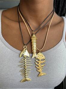 Summer Ocean Fish Bone Rope Necklace, Stainless Steel Pendant Necklace