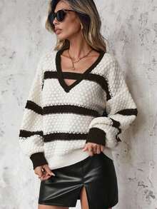 Women's Striped Pullover Sweater Cut Out V-Neck Crochet Knit Sweater Oversized Color Block Bell Sleeve Ribbed Top - Black - View 1