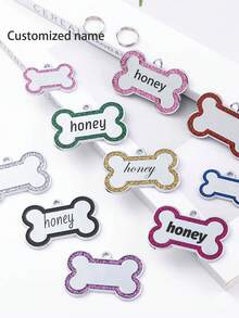 1pc Customized Text Pet Tag, Zinc Alloy Dog Anti-Lost ID Tag With Glitter Pink Circle, Customized Bone Shaped Dog Tag - Engraved For Pet Identification, Essential For Holidays/Parties