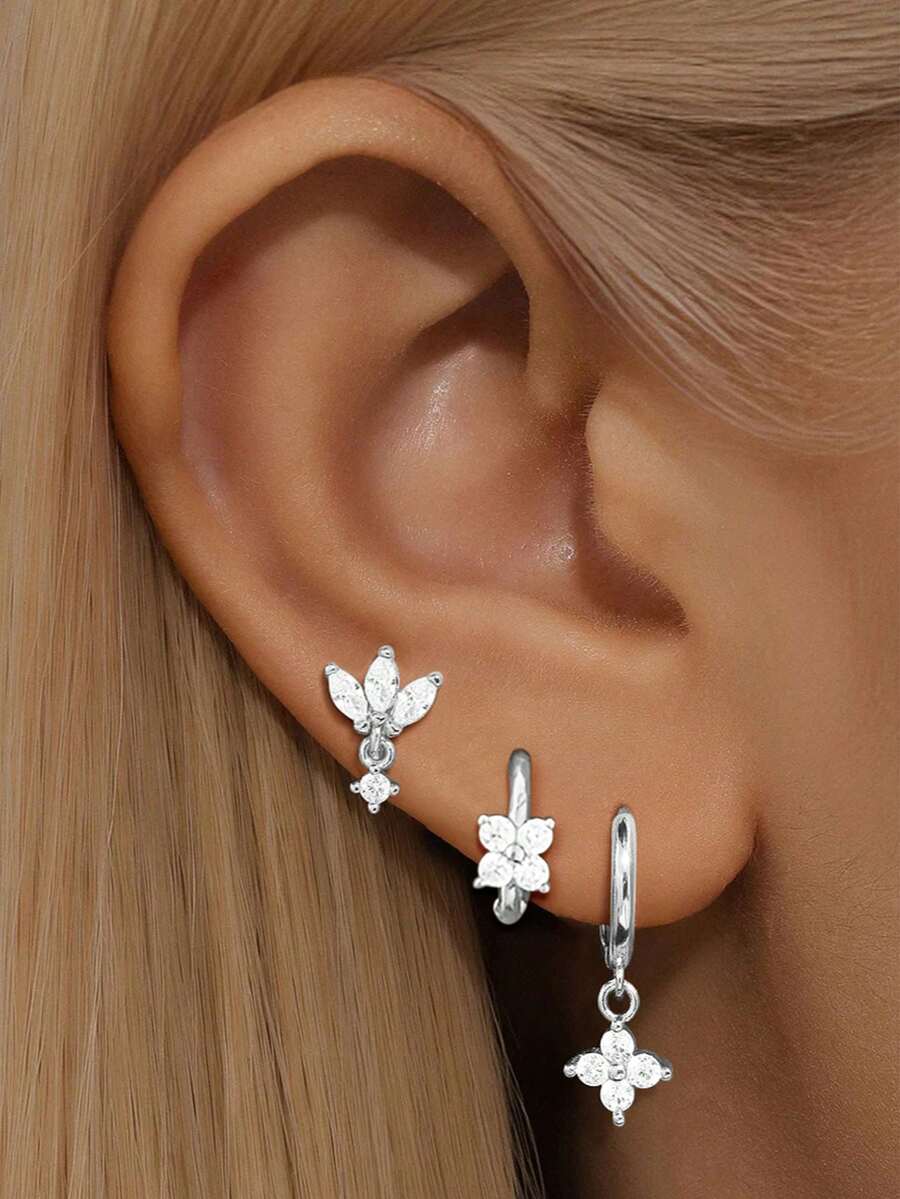 3PCS Flower Zirconia Earring Set For Women, 18K Gold Plated Hypoallergenic Tragus Helix Hoops Ear Stud Cartilage Piercing Jewelry For Daily Ware