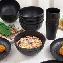 Home And Outdoor Dinnerware Set - 16-Piece Unbreakable, Microwave Dishwasher Set Includes 8 Plates, 4 Bowls, And 4 Cups - Black - View 6