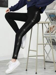 1件装女士闪亮侧扭水钻装饰七分紧身裤，舒适 - 黑色 - 查看 2