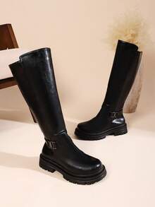 女士黑色新款时尚舒适圆头搭扣装饰侧拉链防滑加厚鞋底布衬PU皮革春秋季户外休闲假日街头百搭中筒靴，派对靴 - 黑色 - 查看 13