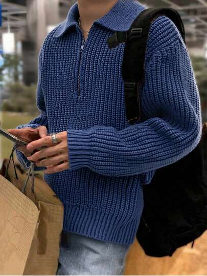 1件青少年男童简约时尚纯色舒适休闲户外拉链保暖加厚针织毛衣，春/秋/冬