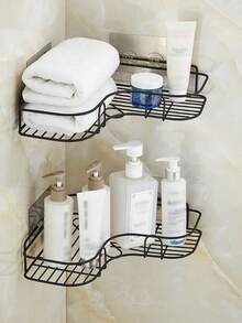 1 pieza Estantería de baño, estantería de almacenamiento triangular sin costuras para baño y cocina, estantería de almacenamiento de baño sin perforación, estantería de ducha de esquina de hierro fundido, diseño de malla de acero inoxidable negro, fácil de acceder y organizar, adecuado para almacenar champú, acondicionador y jabón, decoración moderna de baño, organización y almacenamiento de baño, accesorios de baño