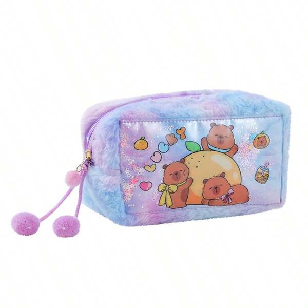 Cute Capybara Makeup Bag, Portable Capybara Makeup Pouch, Dolphin Cartoon Plush Sequin Cosmetic Bag