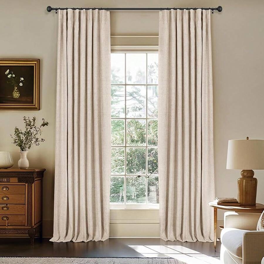 % Blackout Curtains Bedroom, 84 Inch Long Blackout Curtains, Clip Rings Linen Drapes, Thermal Insulated Room Darkening Living Room, 2 Panels - Beige, W50xL84, Bedroom Decor - 麥片 - 查看 1