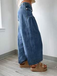 Quần ống đứng dáng rộng, dáng suông, chất liệu denim, cá tính, thời trang, đi làm hàng ngày, thiết kế túi trước sành điệu cho nữ - Rửa tối - Xem 2