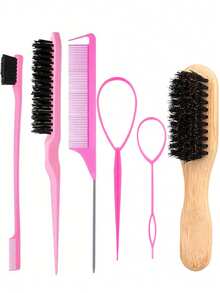 2/6Pcs Multi Piece Men's Beauty Comb Beard Brush Set, Fashion Leopard Slick Back Hair Brush, For Slick Back Hair – Teasing Hair Brush For Sleek, Control, Flyaways Hairs, Hair And Beard Brush For Men And Women, Suitable For Men's Side And Back Brushes, Topsy Tail Hair Braided Ponytail Maker, Hair Tail Tools, French Braid Tool Loop For Hair Styling, Hair Brush/Hair Comb ,Hair Styling Tools ,Hair Styling Kit - Multicolor - View 2