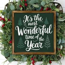 Wall Pediments 1Pc Christmas Wall Art Wood Frame Sign Christmas Holiday Atmosphere, Pine Tree Pattern, Handwritten Calligraphy Style Wall Art Paintings Ideal Gift For Living Room Bedroom Corridor Wall Decor Room Decoration Ready To Hang 8*8inch,2D Flat Christmas Decorations Home Christmas Gifts Christmas Decor