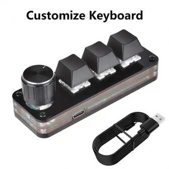 YAIUZGOO Teclado mecánico mini programable DIY con perilla de volumen, operación de un solo clic, diseño de 3 teclas de acrílico, teclas de acceso directo retroiluminadas y control multimedia, teclas de acceso directo personalizables con conexión USB tipo C. El diseño de teclado dividido es muy adecuado para juegos, oficina, música y control industrial