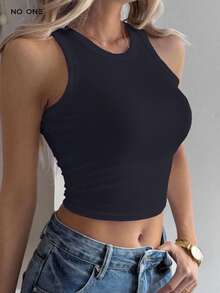 Top corto halter femenino cuello redondo textura acanalada ajuste elástico sin mangas juvenil fresco - Negro - Ver 4