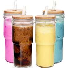 Glass Cups With Lids And Straws 4 Packs, 24oz Travel Coffee Fall Cups Mug Mason Jar Party Drinking Glasses Cute Clear Glass Tumbler For Iced Coffee, Smoothie, Tea, Water Mother's Day - 4 cốc cổ điển - Xem 6