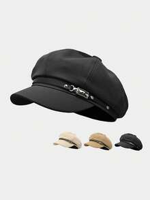 1pc Solid Color Newsboy Cap, Retro Fashion Style Cotton Material, Classic Silhouette With Black Leather Band And Metal Buckle Detail, Flattering Head Shape And Sun-Shading Function, Suitable For Spring/Autumn Daily Outings, Casual Dates And More