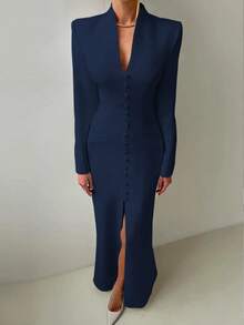 女士时尚V领长袖及踝长款连衣裙，优雅经典侧开衩，纯色，优雅休闲，梭织面料，春季款 - 藏蓝色 - 查看 5