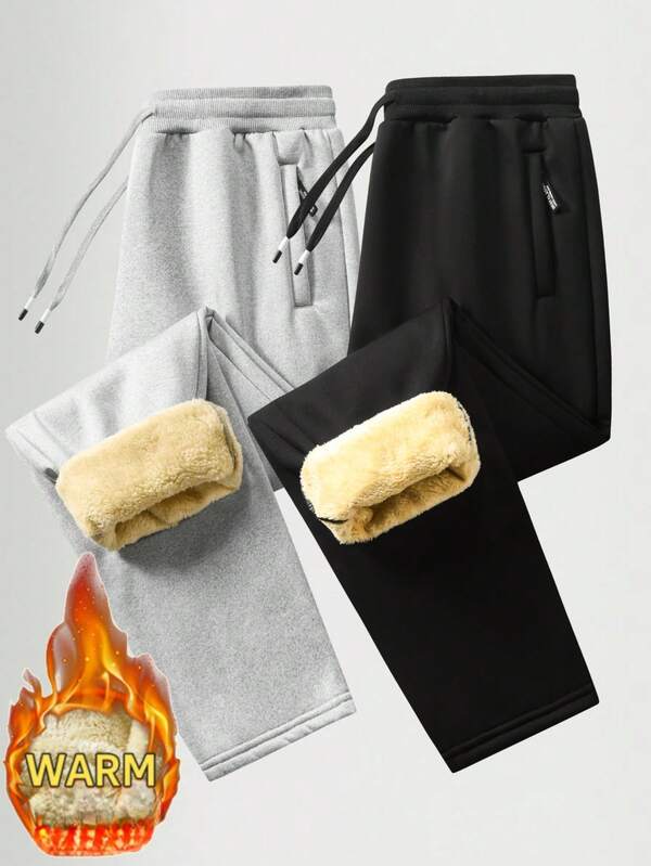 Men's Thermal Lined Casual Pants, Thick Sherpa Sweatpants With Zipper Pockets, Straight Leg, Winter,Fleece