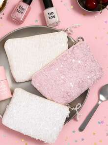 Porta-moedas de lantejoulas da moda feminina, bolsa organizadora de viagem estilo INS, bolsa clutch portátil com zíper e laço de pérola, elegante, estilo INS, fofa, adequada para primavera, verão, outono, brilha em ocasiões como Dia dos Namorados, Natal, aniversário, formatura