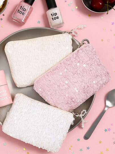 Porta-moedas de lantejoulas da moda feminina, bolsa organizadora de viagem estilo INS, bolsa clutch portátil com zíper e laço de pérola, elegante, estilo INS, fofa, adequada para primavera, verão, outono, brilha em ocasiões como Dia dos Namorados, Natal, aniversário, formatura