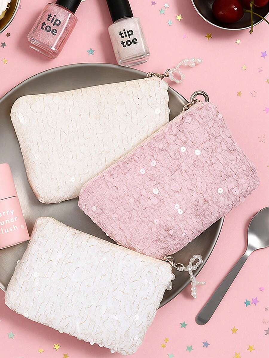 Porta-moedas de lantejoulas da moda feminina, bolsa organizadora de viagem estilo INS, bolsa clutch portátil com zíper e laço de pérola, elegante, estilo INS, fofa, adequada para primavera, verão, outono, brilha em ocasiões como Dia dos Namorados, Natal, aniversário, formatura