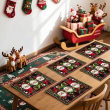 1set/1pc/4pcs/6pcs Christmas Dwarf And Holly Berry Pattern Placemats, Machine Washable Rectangular Polyester Placemats, Table Guards, Heat-Insulating Placemats, Restaurant Table Decorations, Party Supplies, Christmas Decorations Can All Be Given As Gifts